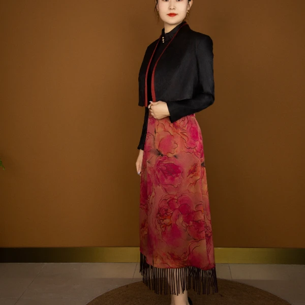 【香云故里】胭脂芍药重缎香云纱花面气质时尚百搭流苏女装半身裙