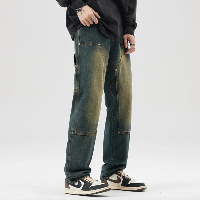 复古伐木牛仔裤男秋冬季新款水洗做旧美式休闲裤子宽松直筒工装裤