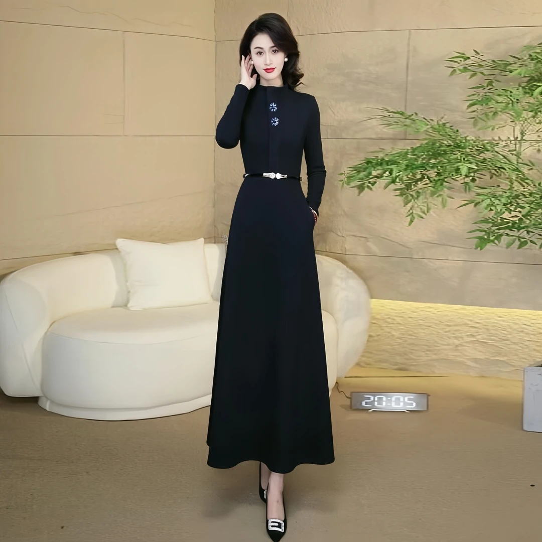 优雅时尚冬季加绒加厚连衣裙2024新款藏蓝色修身收腰保暖长裙3051