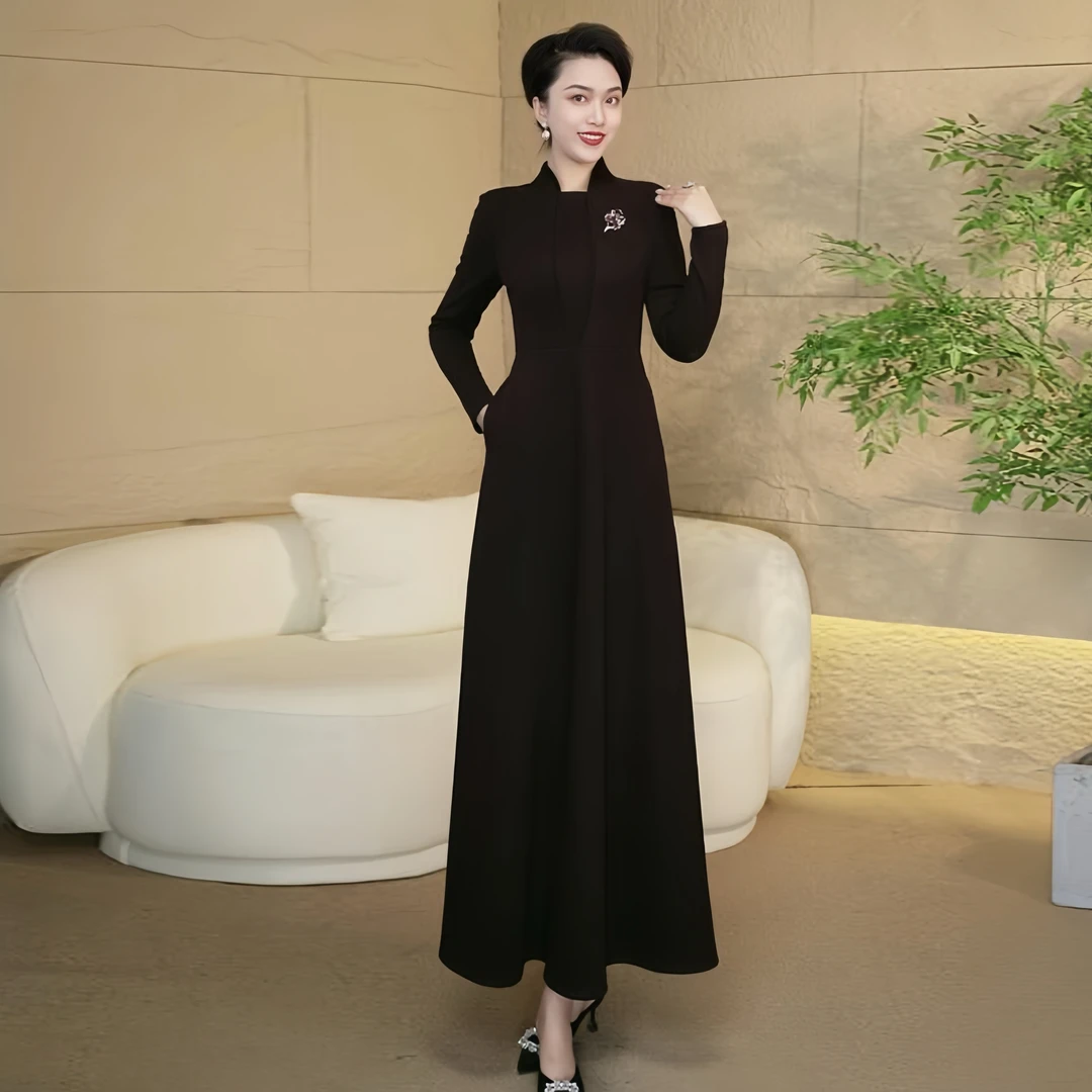 气质优雅秋冬加厚连衣裙女2025年新款显瘦气质收腰修身长裙3047
