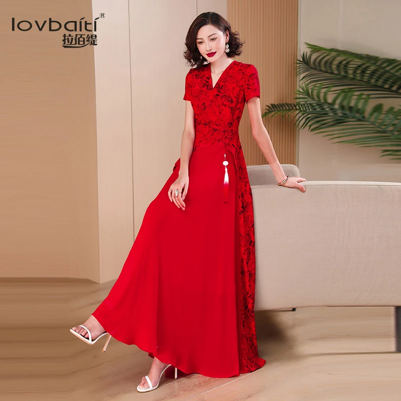 红色碎花连衣裙女2023夏新款中国风拼接气质假两件超长大摆裙820