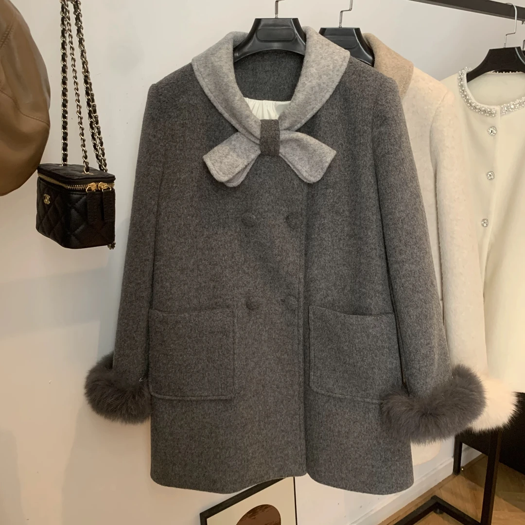 秋冬新款韩版加厚宽松大衣女中长款毛领蝴蝶外套