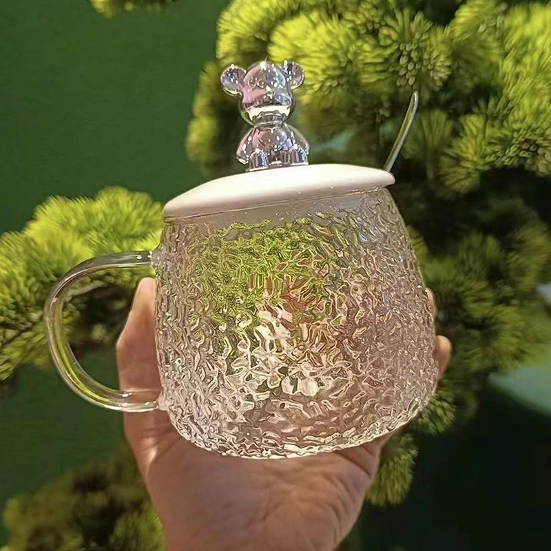 小熊马克杯带把手勺子盖子高颜值玻璃水杯家用高级感办公可爱锤纹