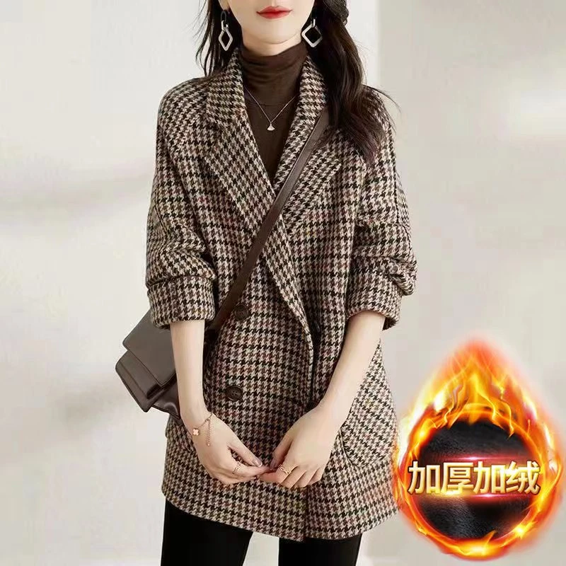 韩版千鸟格毛呢加绒外套女2022新款淑女慵懒风宽松显瘦休闲大衣