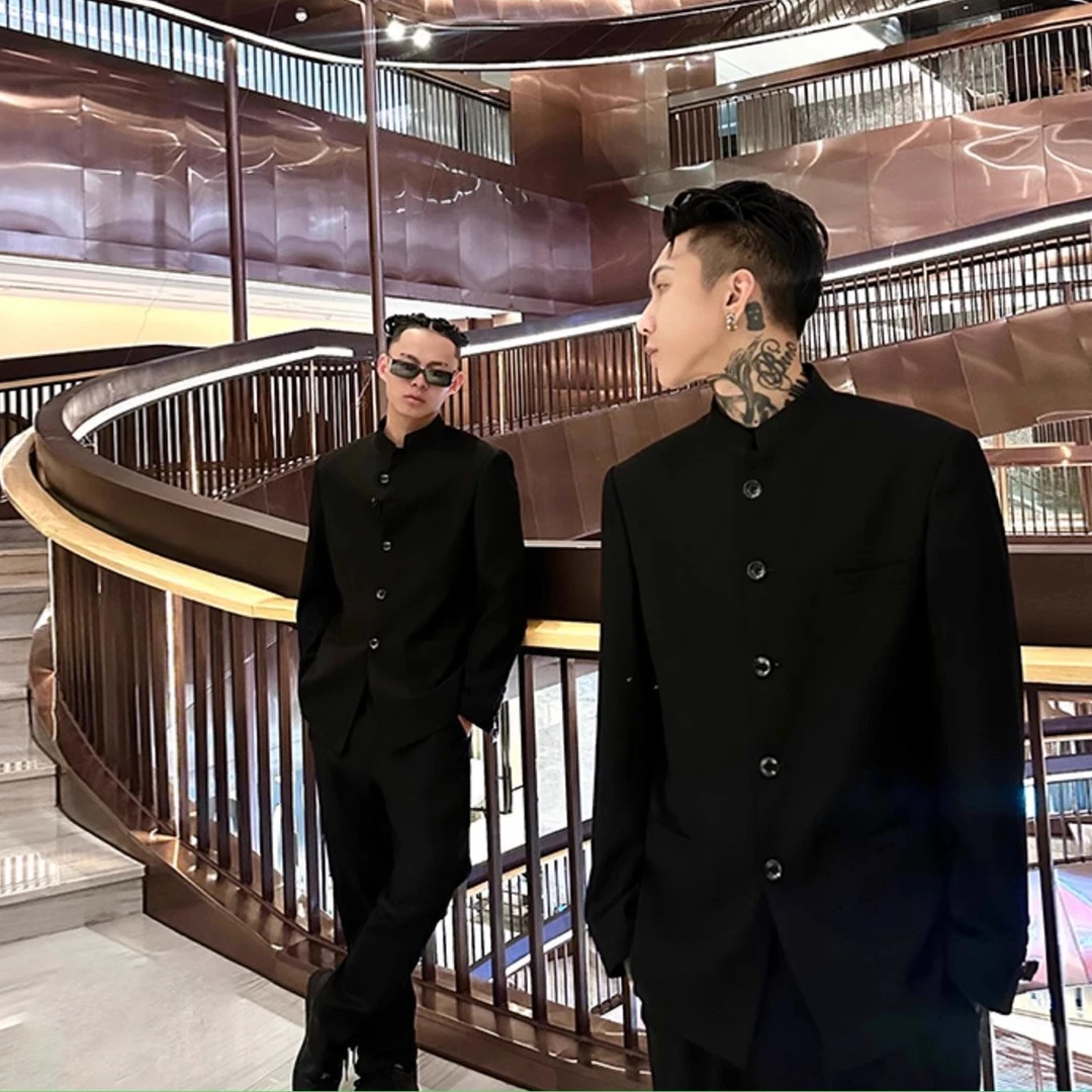 新中式休闲帅气装黑色立领中山装男韩版痞帅赵山河中山装男款西装