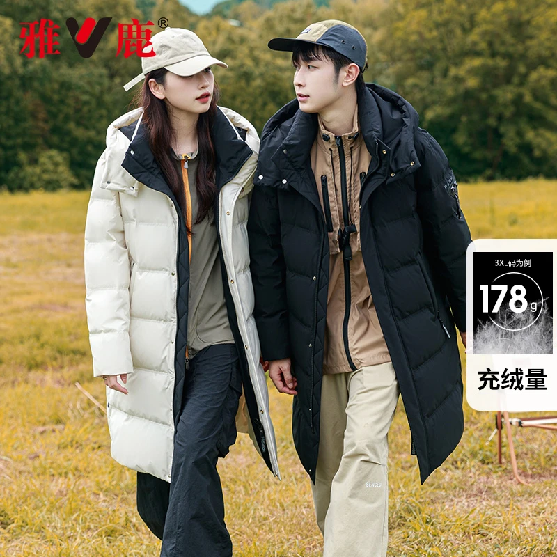 V/雅鹿羽绒服情侣同款长款过膝2023新款连帽过膝长款加厚冬季外套