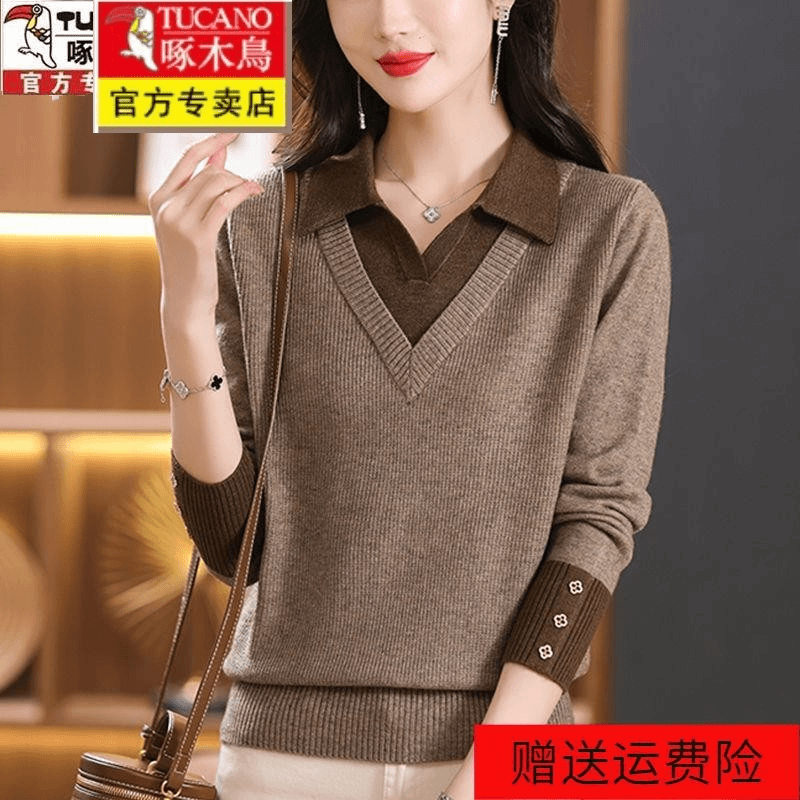 啄木鸟100%正品羊毛衫女半高领秋冬拼色保暖大码气质假两件打底衫