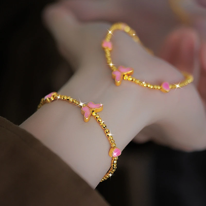铜合金手链 蜜粉蝴蝶手链梦幻爆闪年轻款蝴蝶灯光珠手链