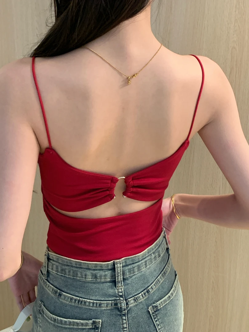 法式高级性感低型U领露骨辣妹背心 后背金属环扣褶皱设计感背心