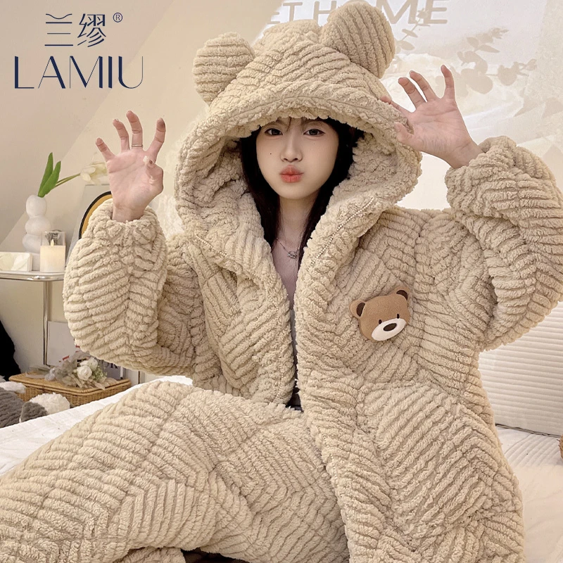 珊瑚绒睡衣女秋冬季加厚加绒三层保暖夹棉袄法兰绒大码家居服套装