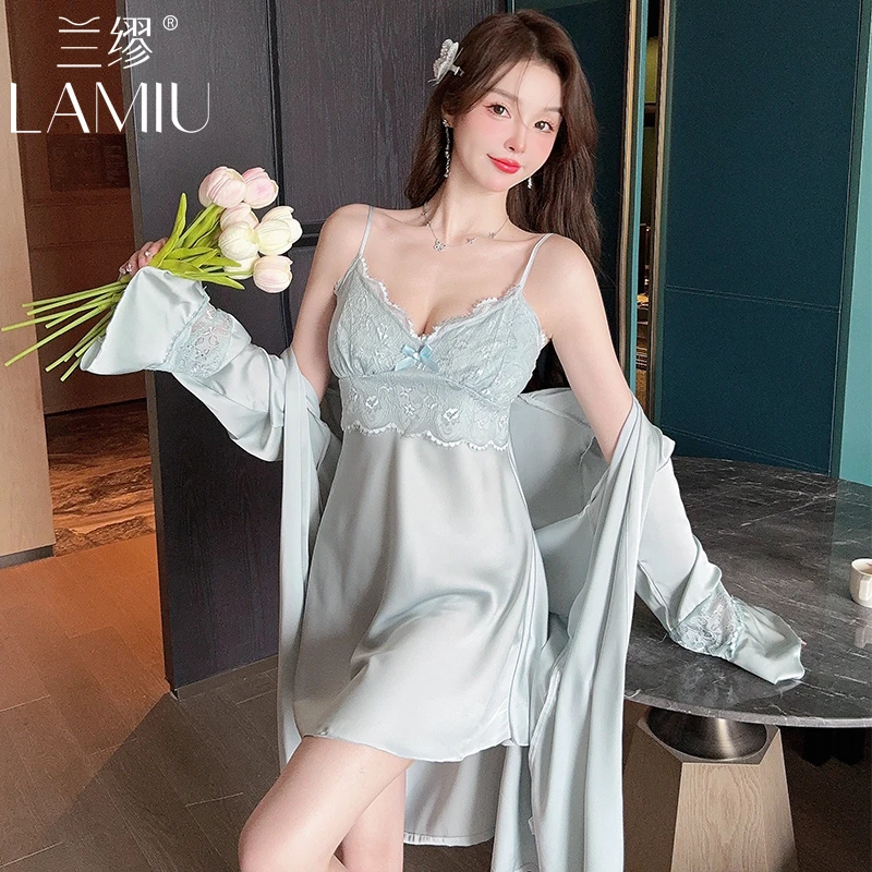 带胸垫睡衣女夏季吊带冰丝睡裙睡袍女士夏天性感蕾丝纯欲风家居服