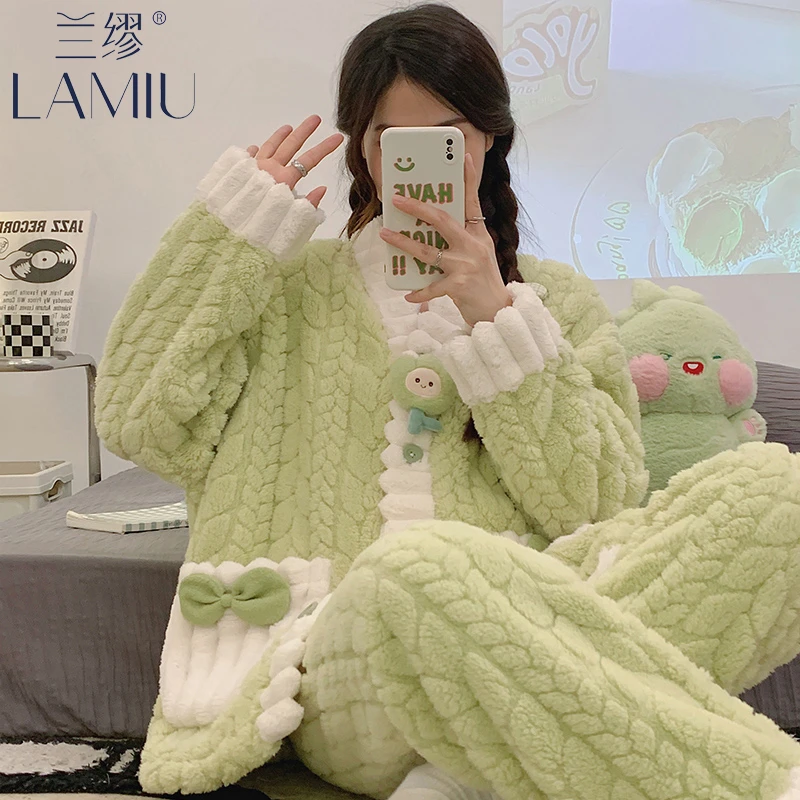 兰缪珊瑚绒睡衣女生秋冬季可外穿加厚加绒保暖套装可爱少女家居服