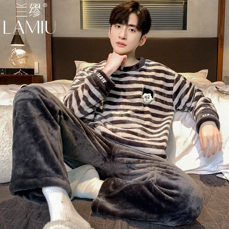 兰缪秋冬季新款法兰绒睡衣男士网红风时尚条纹学生保暖家居服套装