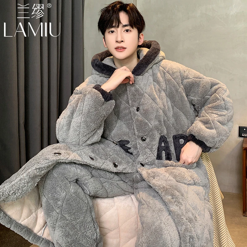 兰缪三层夹棉睡袍男生冬季可外穿加厚加绒长款男士睡衣套装家居服