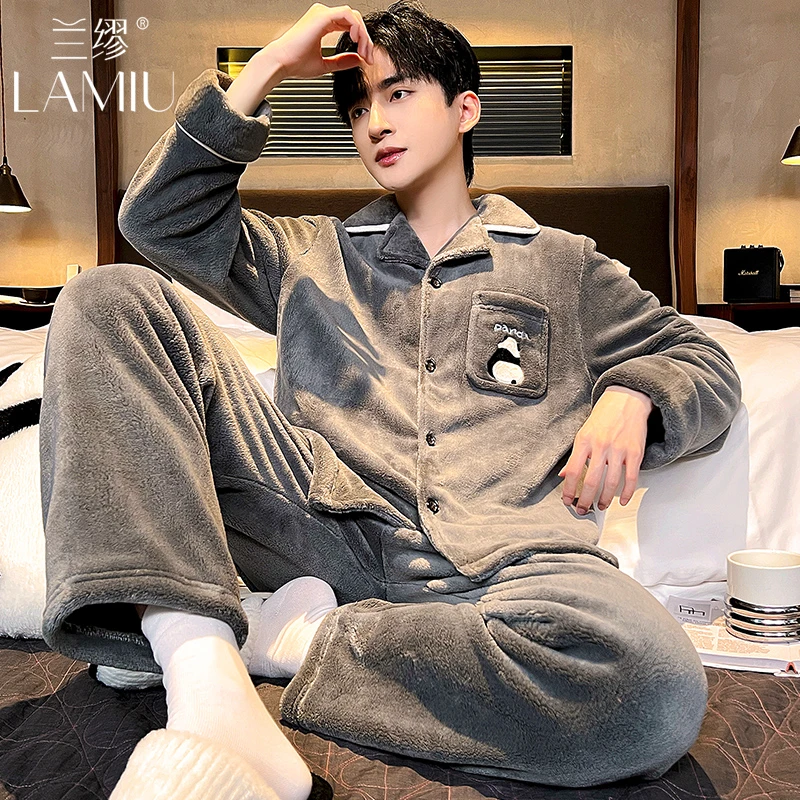 兰缪珊瑚绒男士睡衣春秋冬季2024新款法兰绒加厚青少年家居服套装