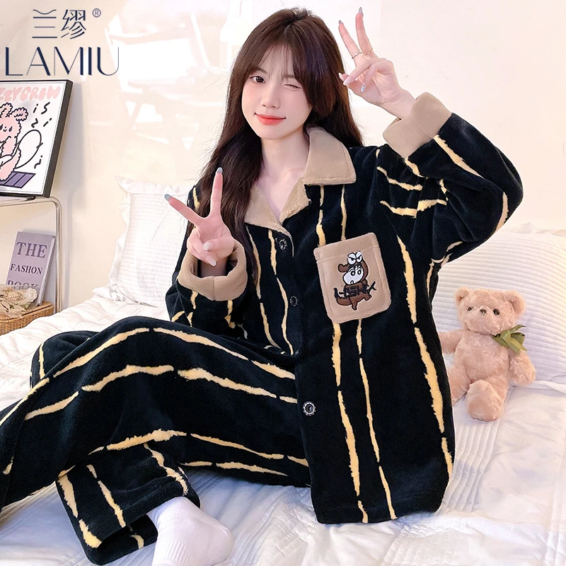 兰缪国潮风睡衣少女款珊瑚绒秋冬季加绒加厚法兰绒女士家居服套装