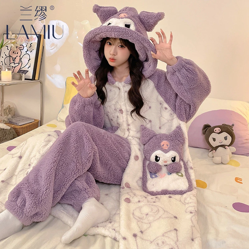 兰缪珊瑚绒连帽睡袍女秋冬季加绒加厚可爱宽松浴袍新款家居服睡衣