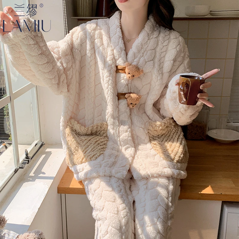 兰缪珊瑚绒女士睡衣秋冬款毛绒大码开衫冬天加厚法兰绒家居服套装