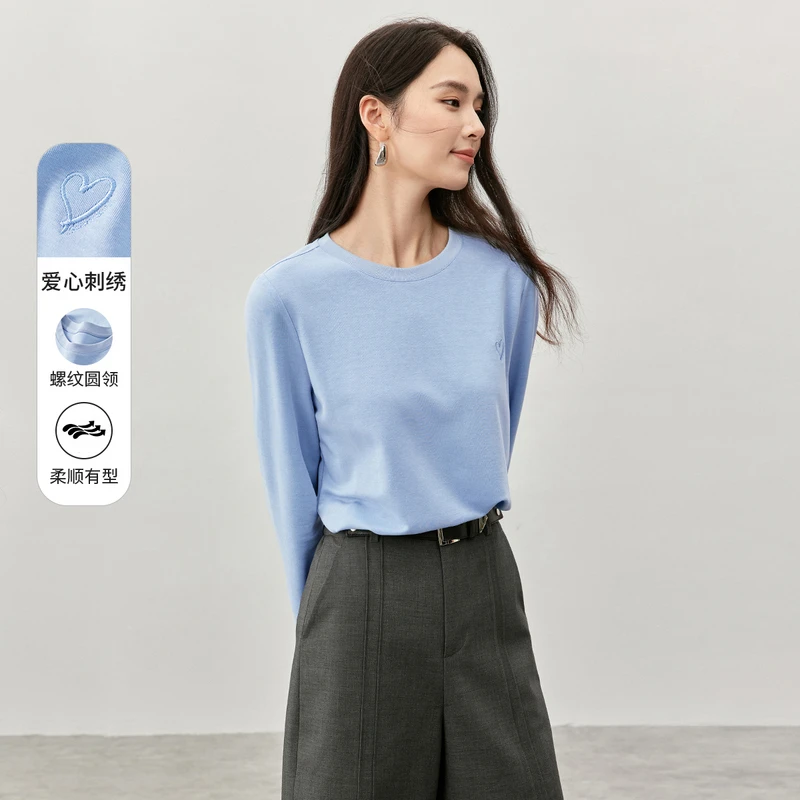 尚都比拉时尚刺绣女式T恤春秋新休闲套头衫上衣长袖打底衫57312