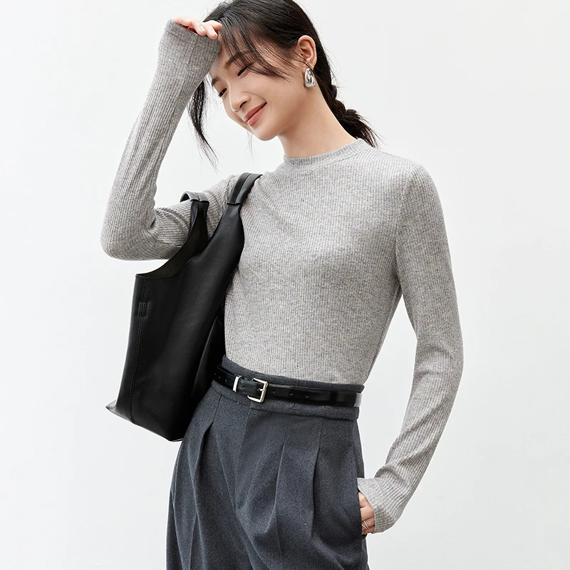 尚都比拉纯色长袖女士T恤春秋新简约修身显瘦上衣内搭打底衫56726