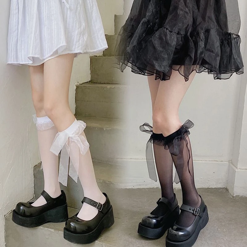 丝袜薄款花边网纱丝带白丝小腿袜任意剪JK蝴蝶结甜妹中筒袜子优品