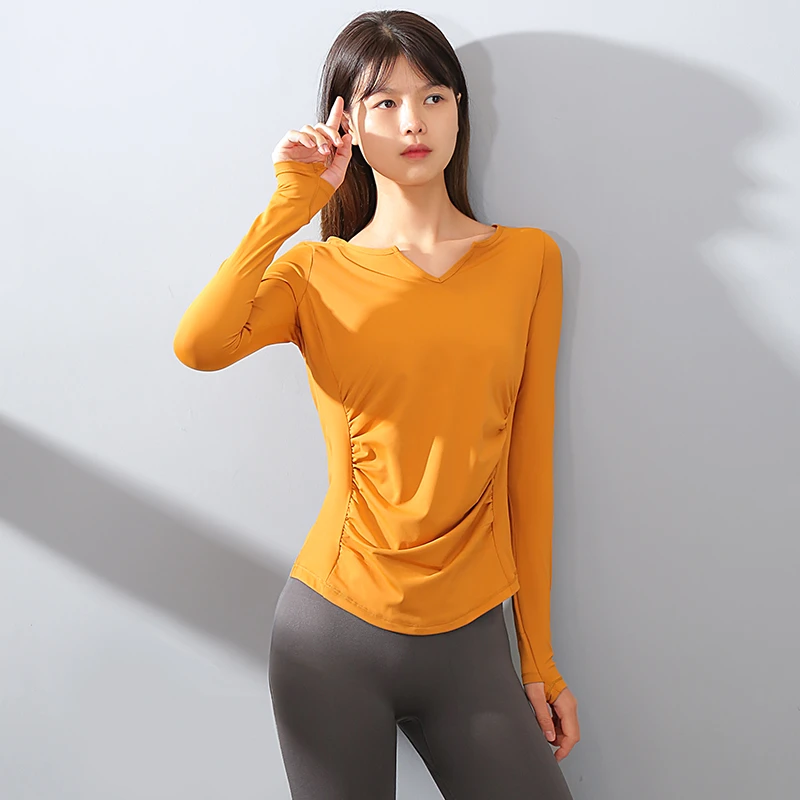 运动长袖T恤女速干衣修身版瑜伽服上衣v领褶皱收腰健身长袖衫春秋