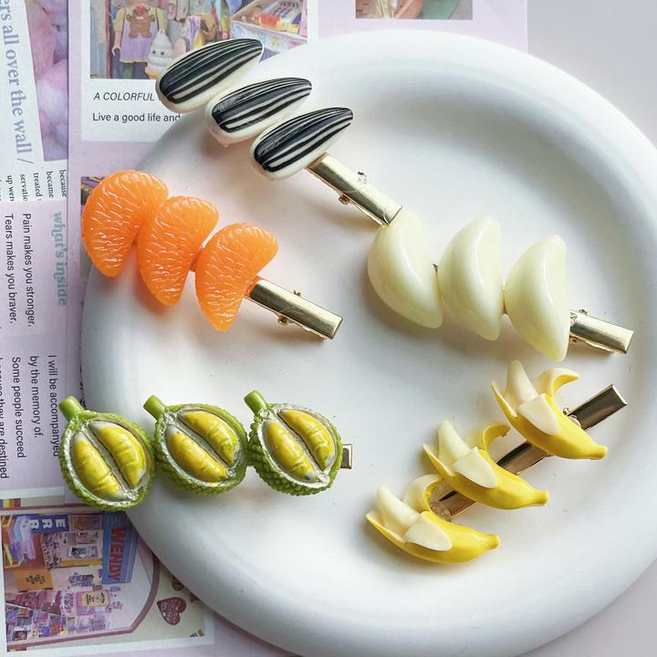【包邮】仿真水果发夹少女鸭嘴夹立香蕉蒜粒橘子榴莲瓜子边夹饰发