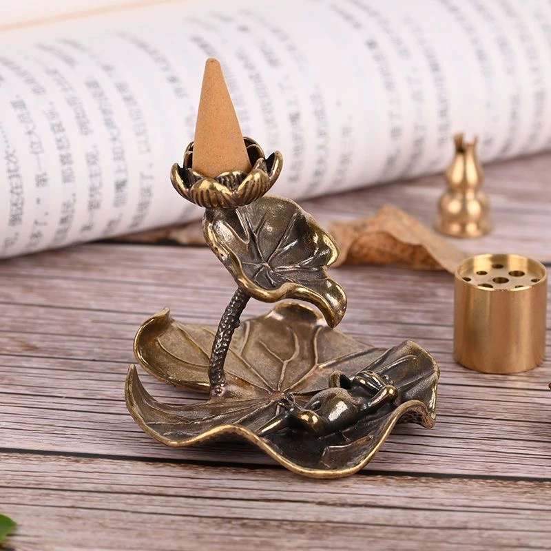 黄铜荷叶青蛙倒流香香炉家用香炉室内塔香线香倒流烟观赏意境香架