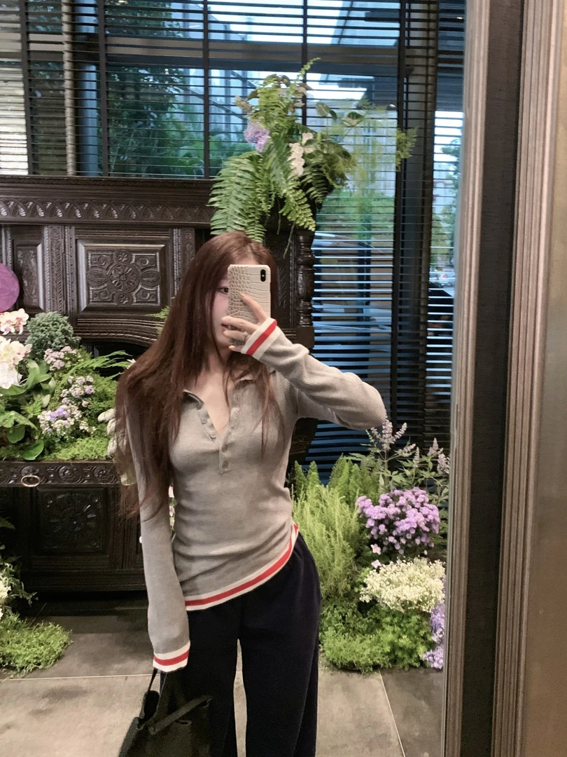 美式复古撞色POLO领长袖T恤女春秋季新款设计感小众修身显瘦上衣