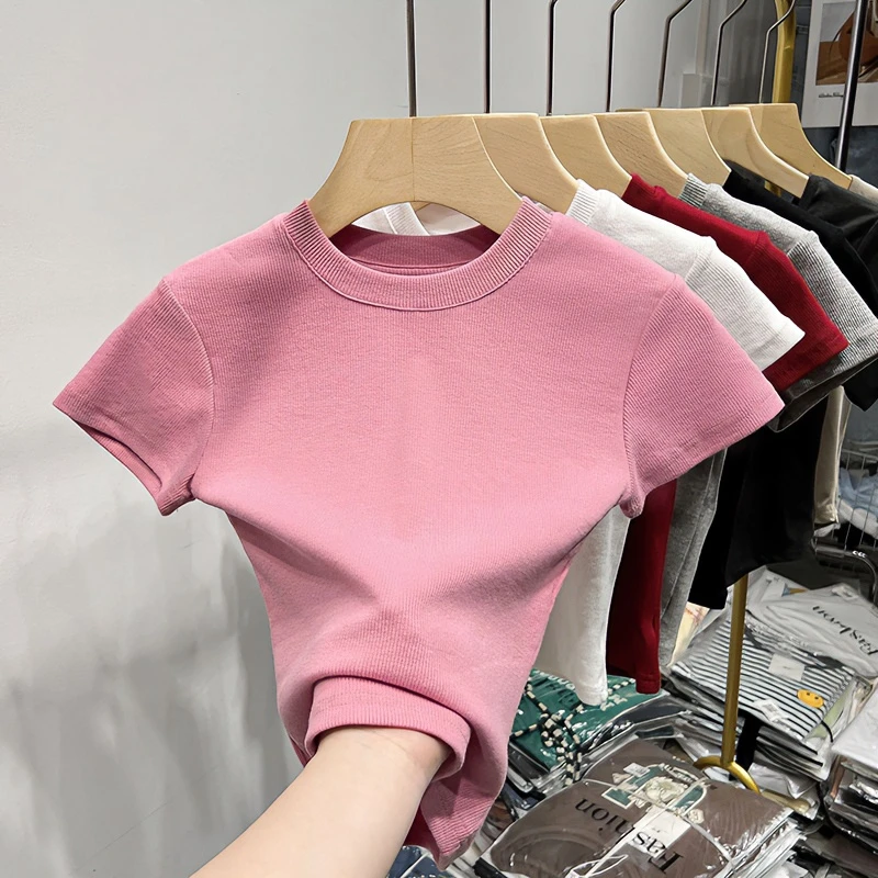 纯色百搭修身短袖t恤女夏季显瘦短款圆领紧身正肩粉色上衣打底衫
