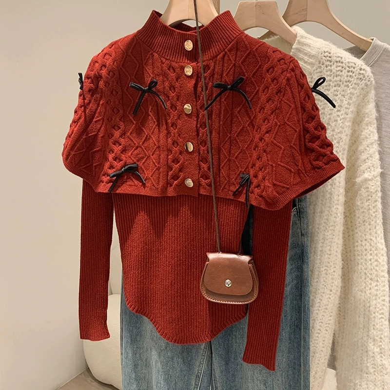 新年氛围感穿搭半高领修身蝴蝶结两件套斗篷纽扣女款长袖针织外穿