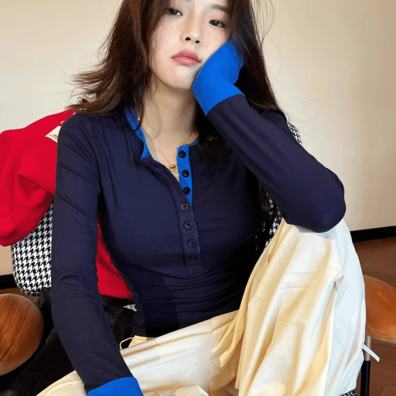 撞色假两件拼接长袖T恤2025新款春秋季chic修身打底衫内搭上衣女