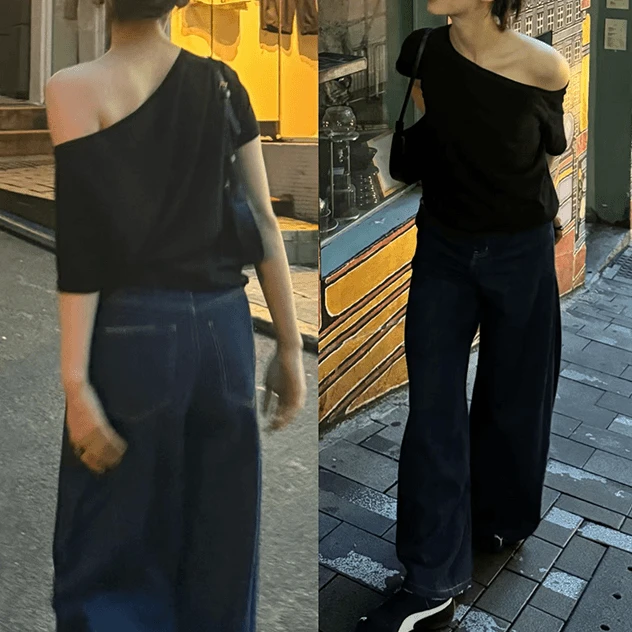 【现货】慵懒风宽松上衣2025春一字肩斜肩露肩早秋款长袖T恤短袖女