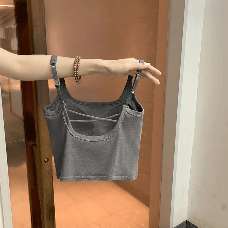 夏季露锁骨文胸一体带胸垫背心女外穿可调节短款美背露脐吊带上衣