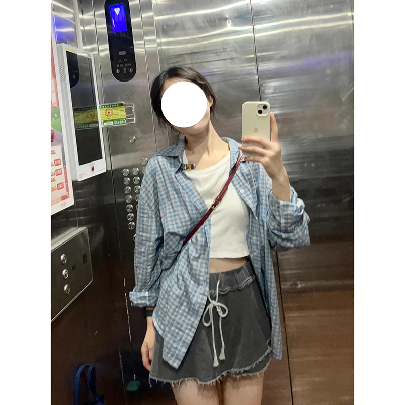 polo翻领蓝色格子长袖衬衫女秋冬季明星同款宽松慵懒风外套上衣