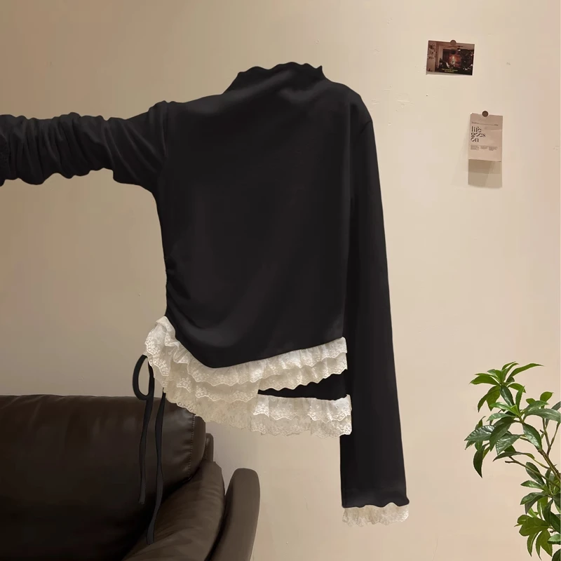 韩版蕾丝拼接木耳边半高领磨毛加绒长袖T恤衫女冬季修身百搭上衣