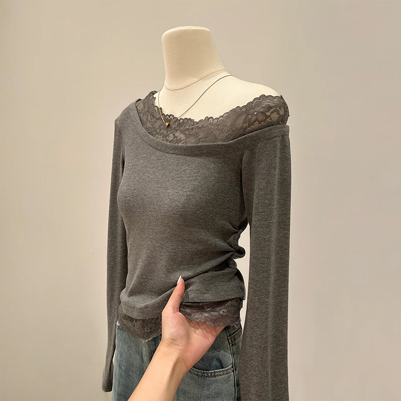 蕾丝拼接露肩长袖针织T恤女秋冬季修身内搭辣妹短款打底衫上衣