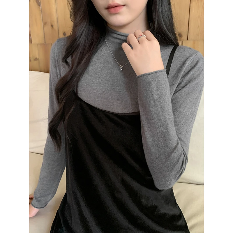 纯欲半高领灰色长袖T恤女2024秋冬季百搭西装内搭修身显瘦打底衫