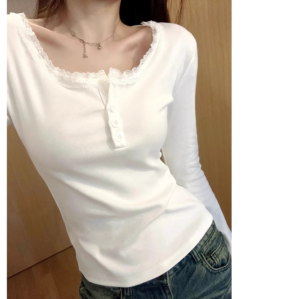 秋季绝美纯欲蕾丝花边显瘦打底衫女内搭长袖T恤锁骨正肩方领上衣