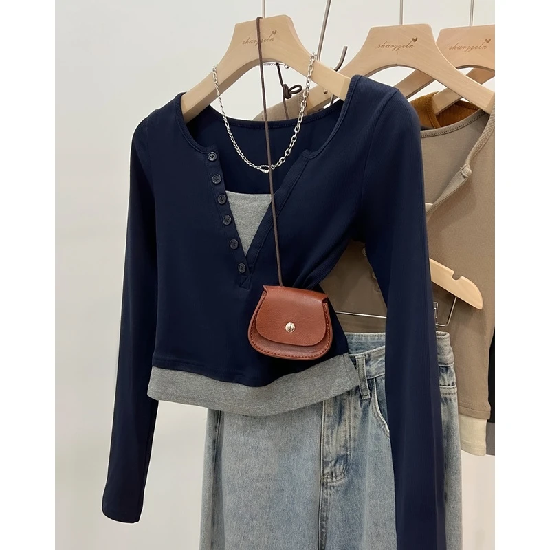 假两件撞色长袖T恤女秋季美式设计感显瘦V领修身短款纯棉百搭上衣