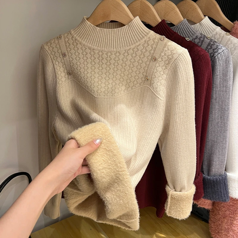 一体水貂绒加厚保暖针织衫女冬季修身半高领时尚内搭打底衫毛衣