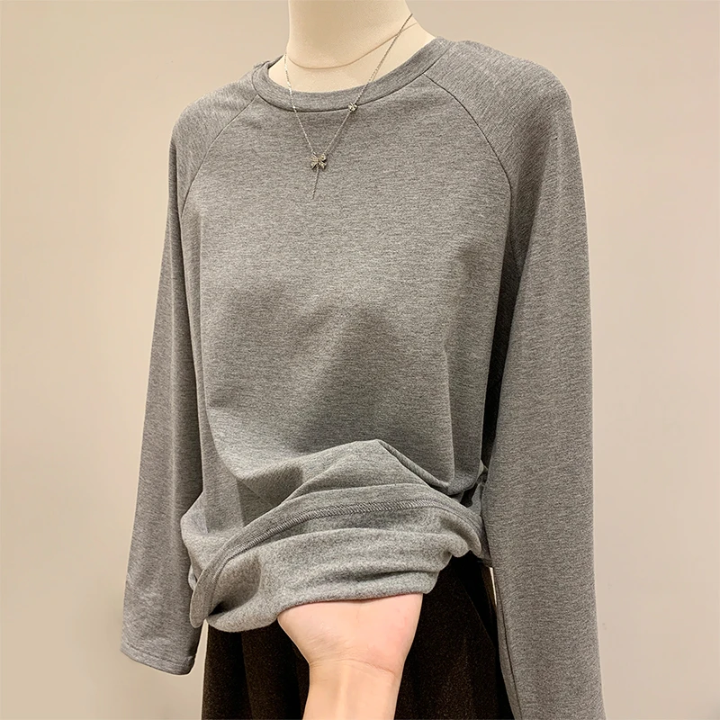 韩版简约中长款磨毛加厚休闲长袖T恤衫女冬季新款宽松遮屁股上衣