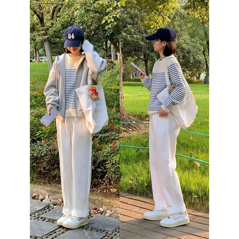 韩版撞色条纹设计感2025女冬季款圆领内搭宽松套头毛衣针织打底衫
