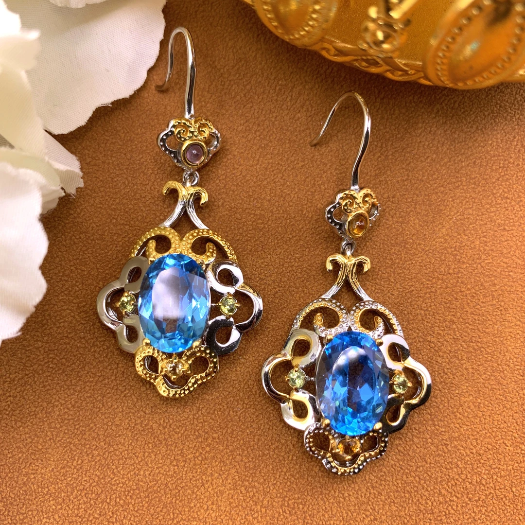 【aoak】A008天然托帕石925银镀金镂空手绘镶嵌椭圆形耳环