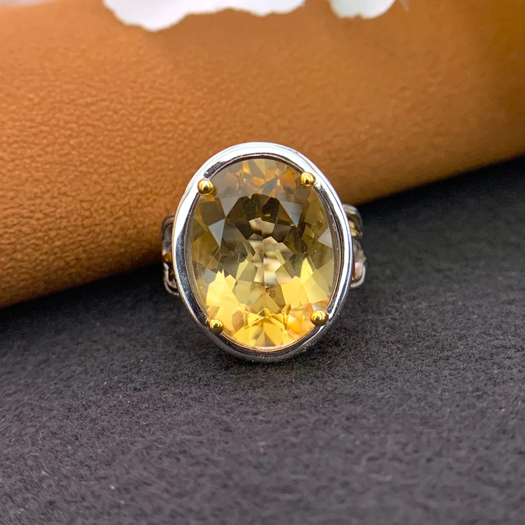 【aoak】A089天然黄水晶925银镀金独特设计特别戒边椭圆形戒指