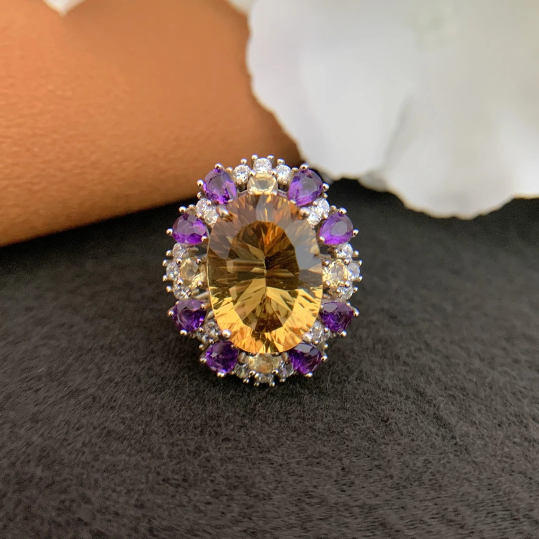 【aoak】A151天然黄水晶925银镀金独特设计特别镶边椭圆形戒指