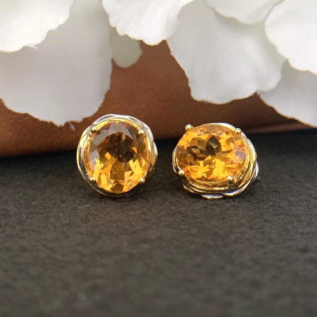 【aoak】A137天然黄水晶925银镀金独特设计椭圆形耳环