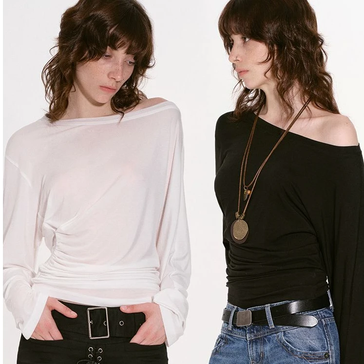 出逃赤岗西 莱赛尔天丝长袖T恤女秋不规则褶皱堆叠感斜肩修身上衣