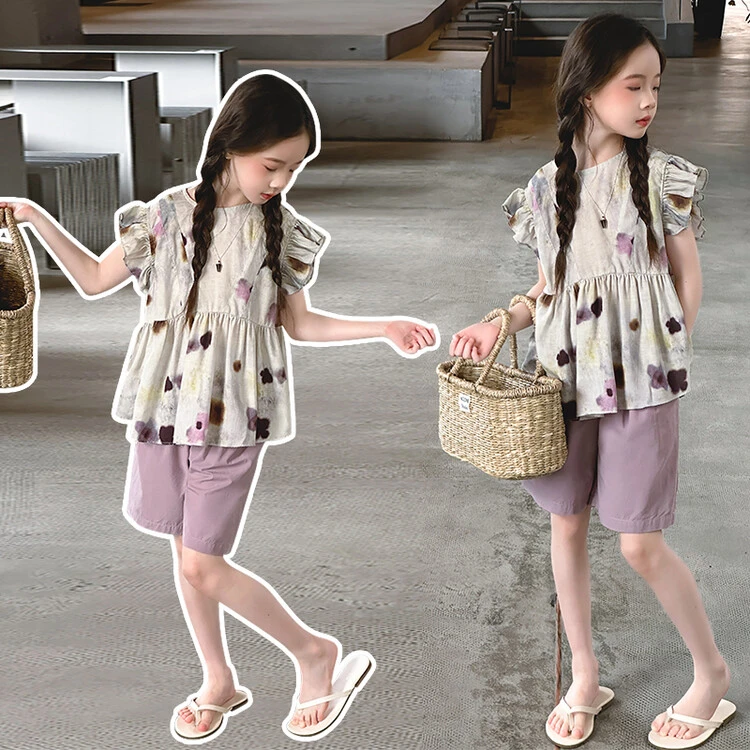 女童甜美2024新款韩版夏季碎花中大童网红洋气时尚宽松飞袖两件套