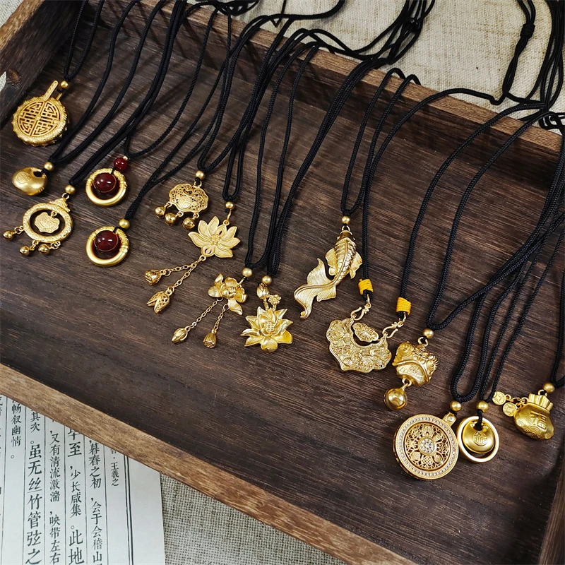 铜项链 古法金项链莲花百搭锁骨链复古吊坠结婚新中式